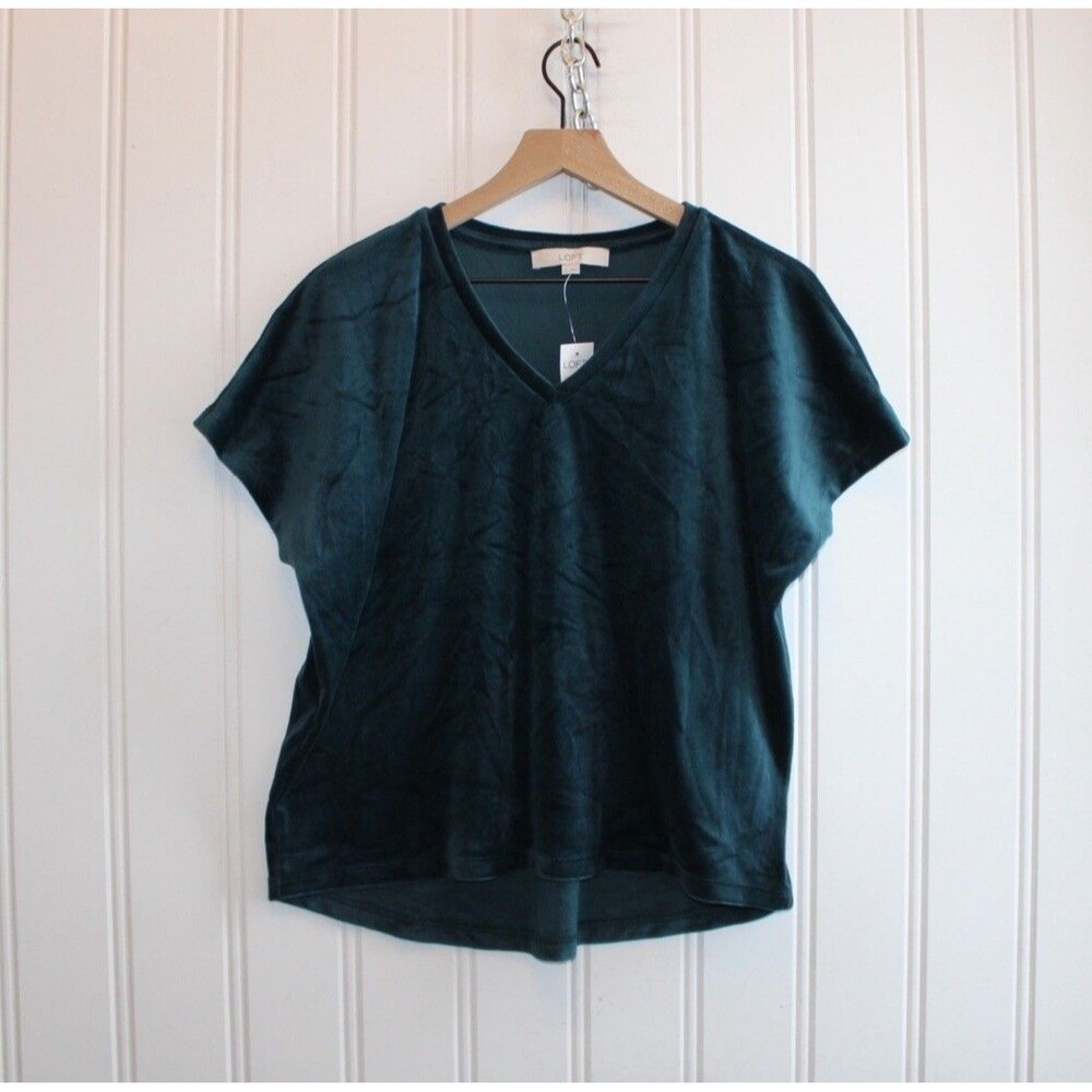 LOFT Emerald Green Velvet V-Neck Top Short Sleeve Size‎ Small